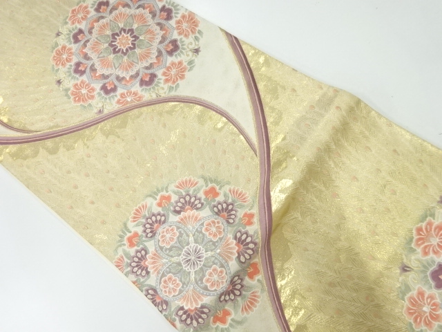 華紋に孔雀羽模様織出し袋帯